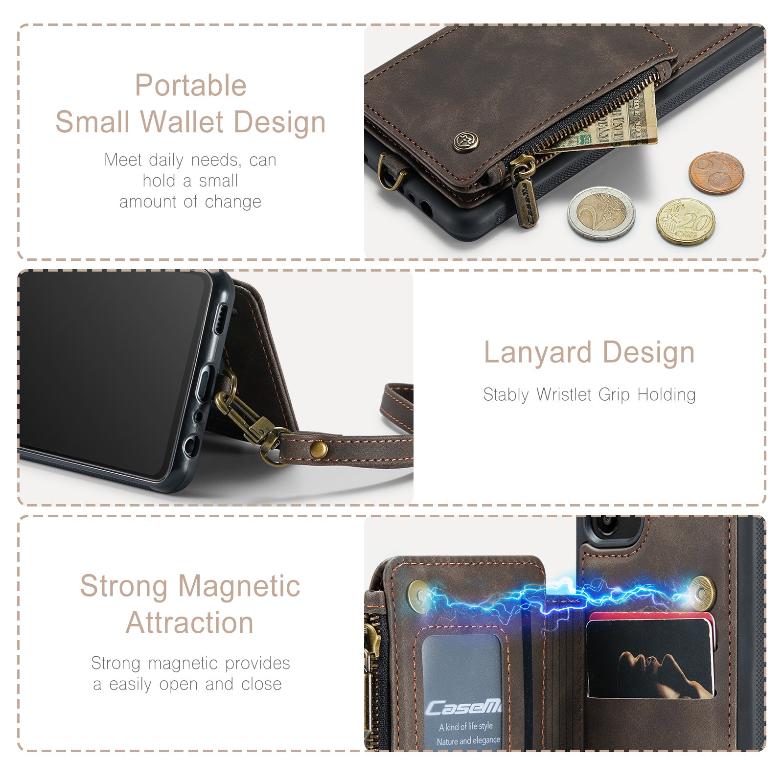 CASEME C20 Series Phone Case for Samsung Galaxy A14 4G RFID Blocking Zipper Pocket Kickstand Wallet Cover with Strap CASEME C20 Series Phone Case for Samsung Galaxy A14 4G RFID Blocking Zipper Pocket Kickstand Wallet Cover with Strap